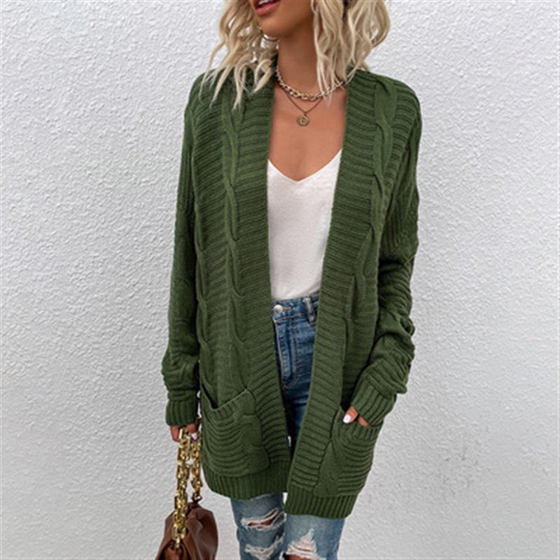 Women's Cable Knit Cardigan - Mid-Length, Twisted Rope Design for Autumn/Winter 2023