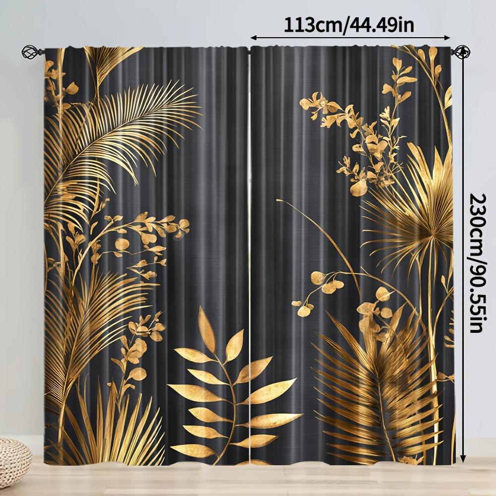 2pcs Gold Leaves Print Curtains Tropical Plant Pattern Black Background Luxury Style Polyester Window Drapes for Living Room 60×150