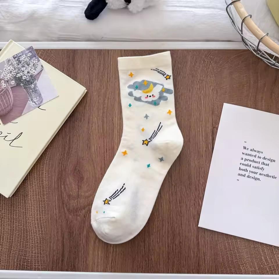 1 Pair Ladies' Socks Japanese Cartoon Cute Puppy Star Casual Preppy Style Versatile Mid Tube Socks High Quality Cotton Socks
