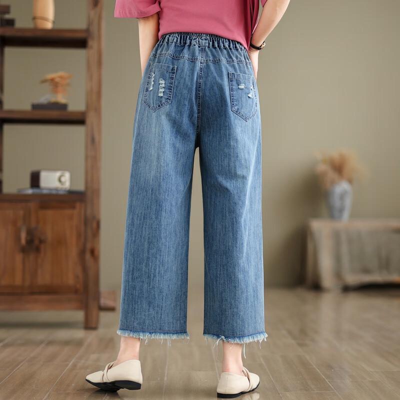 Langsha Women's Retro Embroidered Denim Capris