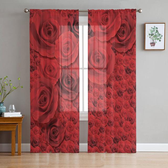 Vorhänge mit rotem Blumen- und Pflanzenmotiv, drapieren, transparenter Tüll, Heimdekoration, Wohnzimmer, Schlafzimmer, Cortinas, Chiffon-Fenstervorhänge