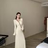 2026 V-Neck Long Sleeve Knit Dress - Women's Slimming Black, Spring/Autumn/Winter