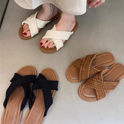 Ethnic Cool Slippers 2025 New Summer Vintage Woven Cross Bohemian Student Flat Roman Shoes