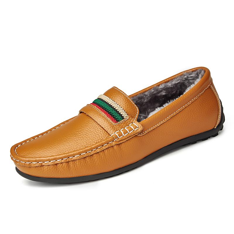 Large Size Winter Fur Loafers Shoes For Men Leather Man Casual Moccasins Mens Driving Shoes Slip On Flats
