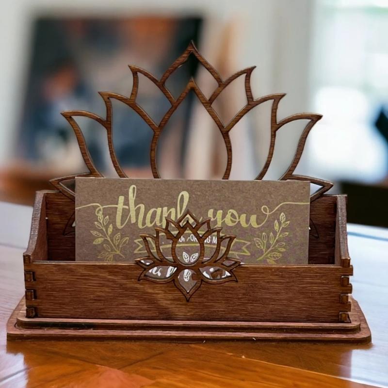 Hollowed Flower Wood Name Card Organiser Desk Business Card Storage Case For Corporate Meetings Office Desk Management