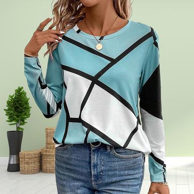 Damen Herbst Tops Schwarze Linien, Farbige Quadrate Print Kausal Langarm T-Shirt Top Bluse