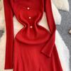 Autumn Winter Women Elegant Polo Collar Knitted Sweater Red Long Midi Pullover Dresses