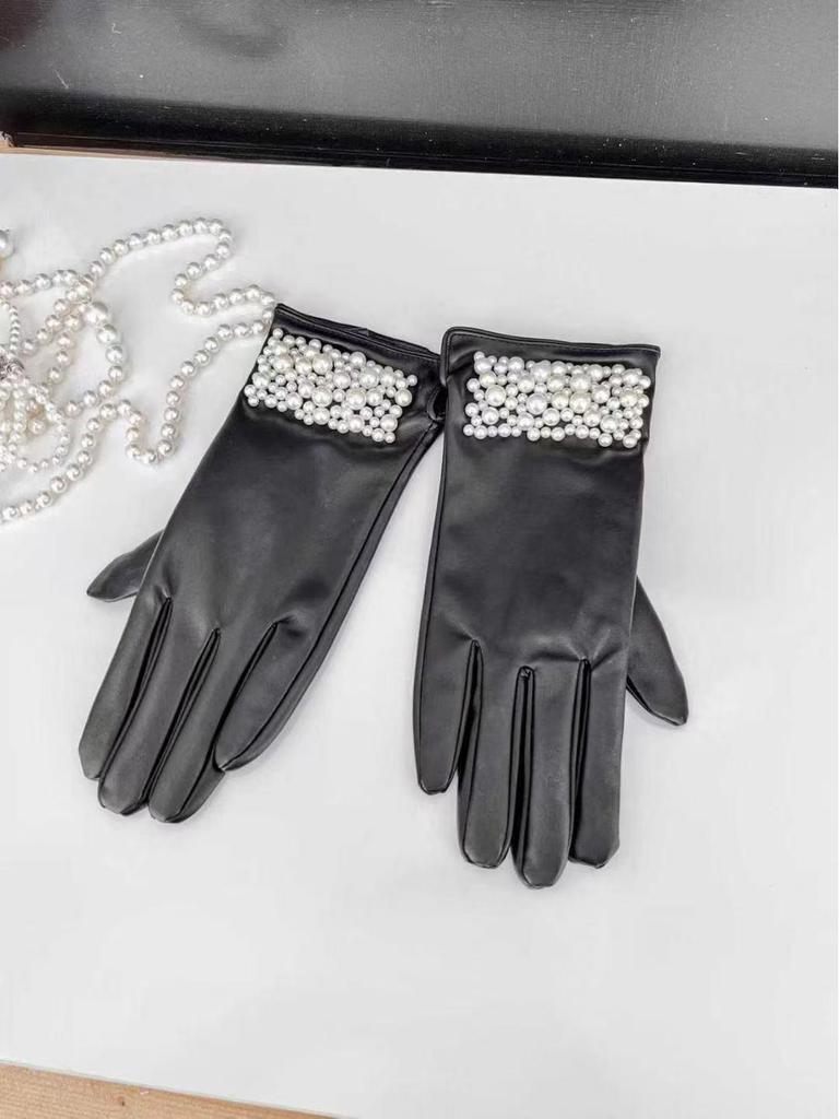 Women's Winter Fleece-Lined Leather Gloves with Bow Decoration - Warm, Cold-Proof Outdoor Cycling Gloves