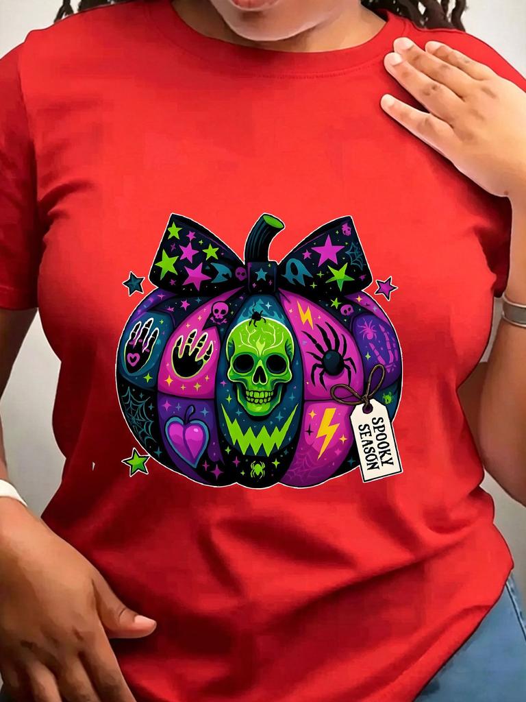 TXWomen's Trendy Crew Neck T-Shirt Colorful Halloween Pumpkin Skull Design Suitable for Casual Sportswear