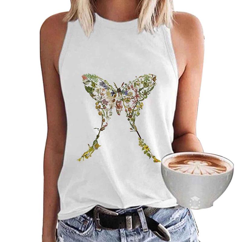 Women's Butterfly 3D Printed Sleeveless T-shirt, Y2K Top, Oversized Round Neck Vest, Off Shoulder, Girls' Sleeveless T-shirt, Summer