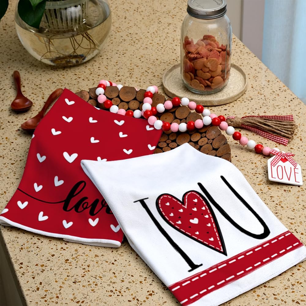 ARKENY Valentines Day Kitchen Towels Red Heart Dish Towels 18x26 Inch Ultra Absorbent Wedding Drying Cloth I Love U Sign Hand Towel for Valentine