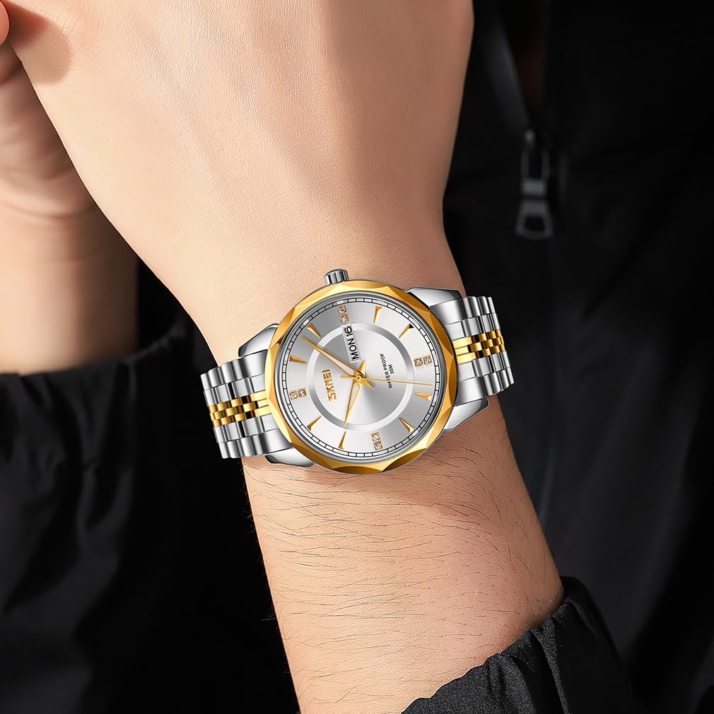 SKMEI Men's Watch Gold Silver Stainless Steel Business Classic Wristwatch Gentleman Waterproof Analog Stylish Simple Date Day Luxury Gift Silver