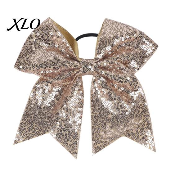 Stage Costume Accessories Sequins Hair Bows, Elastic Tie, Large Cheerleading Shiny Bows for Girls Band Ponytail Holder, Glitter Scrunchies Women Teens