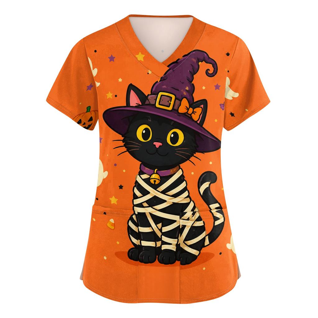 Women's V-Neck Short Sleeve Scrub Top with Pockets, Halloween Print Caregiver Uniform Shirt