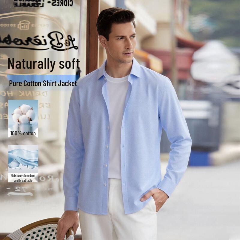 POLOMEISDO Men's 100% Cotton Long-Sleeve Fine Plaid Non-Iron Shirt