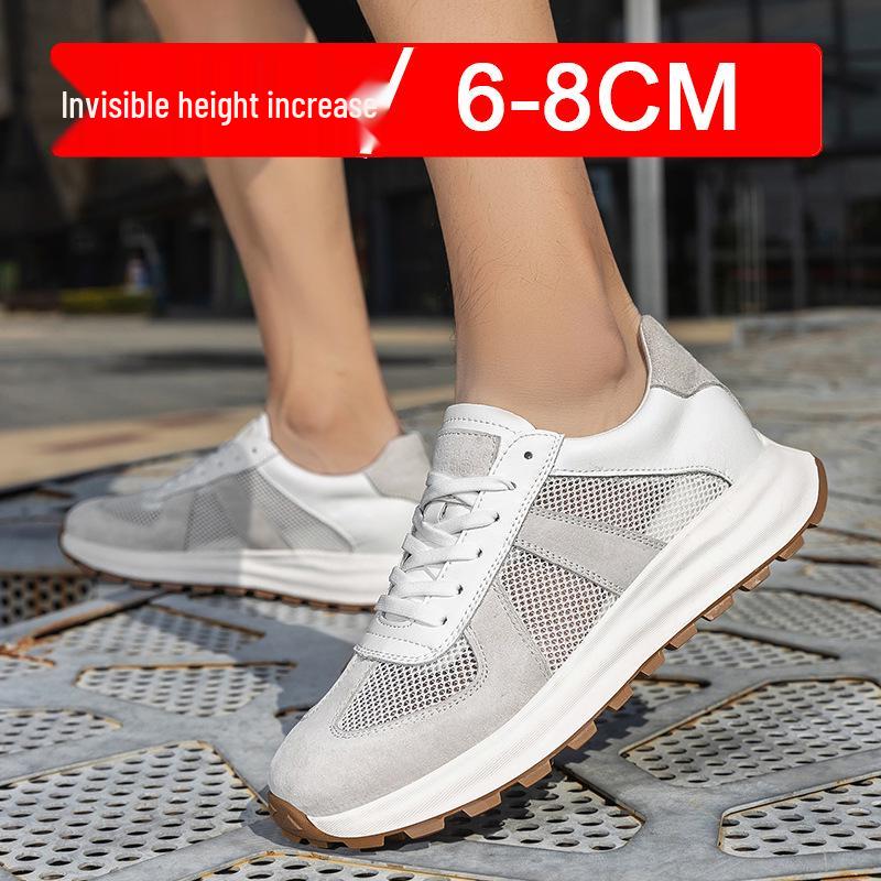 Men's White Breathable Thick-Soled Platform Sneakers - Discreet 8cm Height Boost Casual Dad Shoes