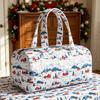 Quilted Travel Handbag Cozy Alpine Cabin Print Weekend Bag Bohemian Leisure Travel Fitness Crisp White Background Red Blue Winter Landscape Graphic