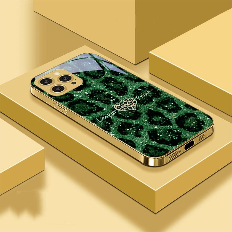 Leopard Spotted Love Green For IPhone 16 Pro Max 15 P Ro 14 13 Plus 12 Mini 11Pro Max XS Max XR Golden Tempered Glass Phone Case