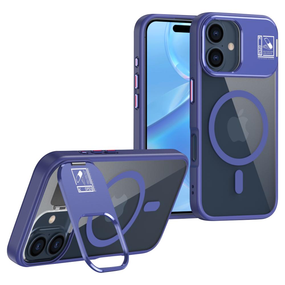 

For iPhone 16 Magnetic Case TPU+Acrylic Kickstand Phone Cover with Glass Lens Film Blue