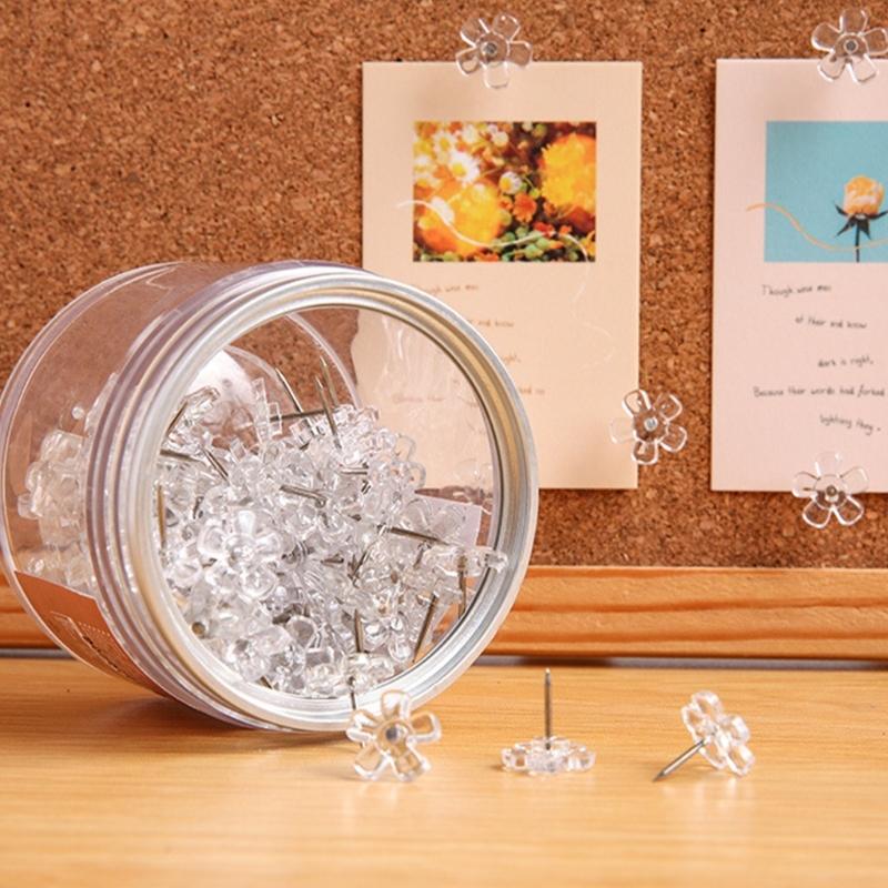 100Pcs Clear Flower Head Push Pins for Display Picture Note Memos Poster Cork Notice Board Pins Decorative Thumb Tacks