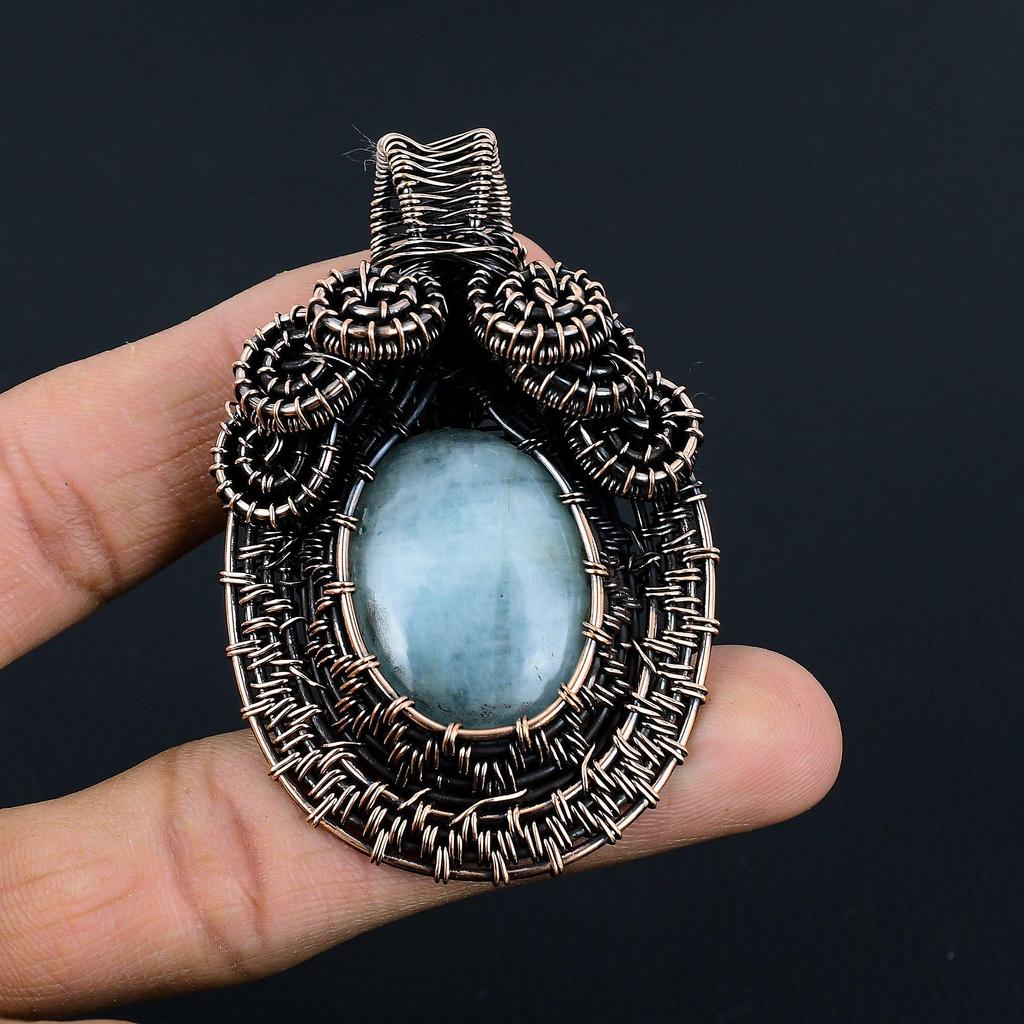 Aquamarine 999 Copper Wire Wrapped Pendant, Handmade Gemstone Pendant Jewelry, Gifts For Wife Brand New Pendant
