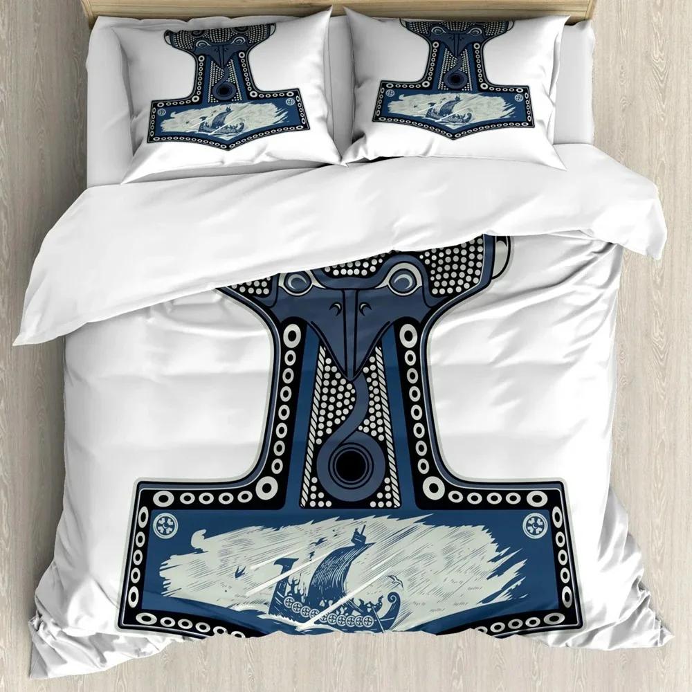 Viking Duvet Cover Set, Scandinavian Folklore Motifs Northern Germanic Culture Mjollnir Bedding Set King Size, Slate Blue 70x133cm