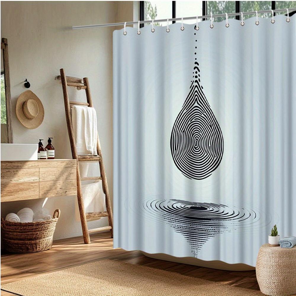 Cortina de Chuveiro com Padrão de Impressão Digital - Arte Digital Gota d'Água, Poliéster Moderno Preto e Branco, Decoração de Banheiro Contemporânea