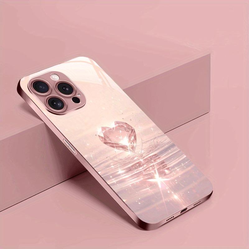 Pink Diamond Ripple Pattern Pink Metallic Paint Glass Phone Case For iPhone 11 12 13 14 15 16 17 Pro Max Plus 16E 17Air Cover