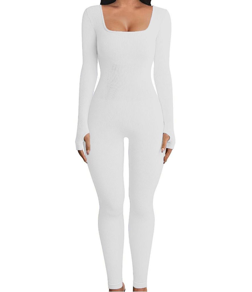 Women's Ribbed Square Neck Yoga Jumpsuit with Hip Lifting Slim Fit, Long/Short Sleeve