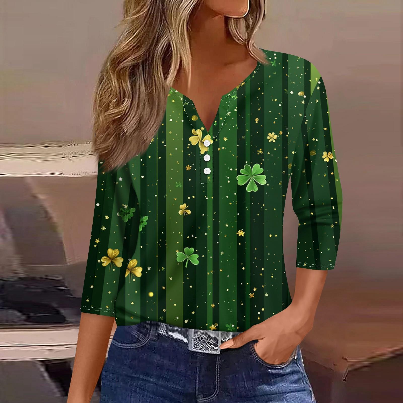 

Жен. Футболка Футболка С принтом Пуговицы Рукав 3/4 Повседневные Выходные Мода Классический V-образный вырез Обычный Топ XL зелёный