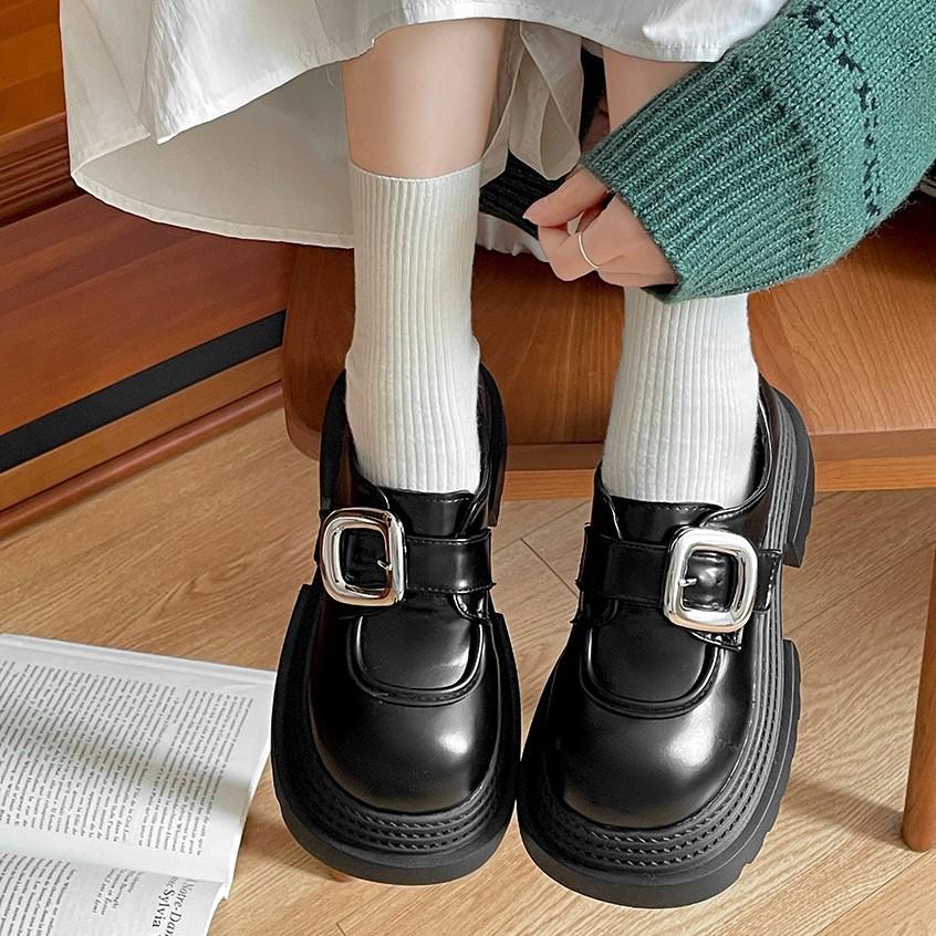Black British style heightened platform small leather shoes women's 2025 new autumn and winter versatile French round head Mary Jane single shoes