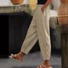 Women's Cotton-Linen Trousers: Solid Color, Casual, Side Pocket with Hollow Button Detail for Spring and Autumn