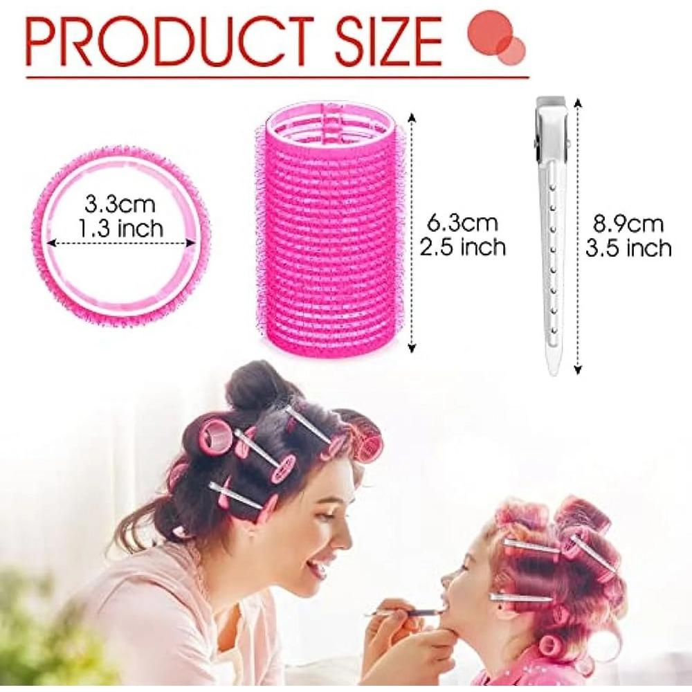 Giant curling wand roller set, 24 pieces, including 12 self-grip curling wands and 12 stainless steel duckbill clips (rose red)