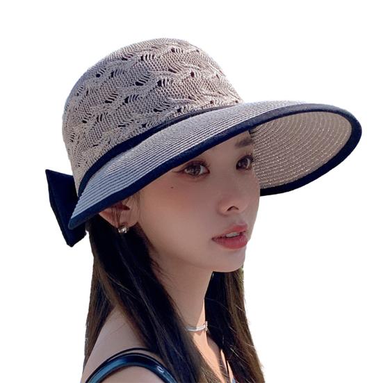 Hollow Out Round Dome Straw Hat Back Bowknot Decor Folding Wide Large Brim Pure Color Beach Hat Fashion Accessories