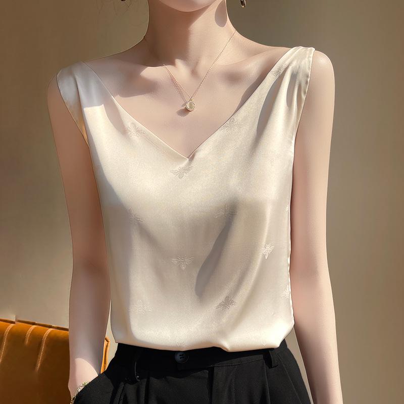 2023 Summer Women's V-Neck Silk Satin Camisole with Draped Silhouette