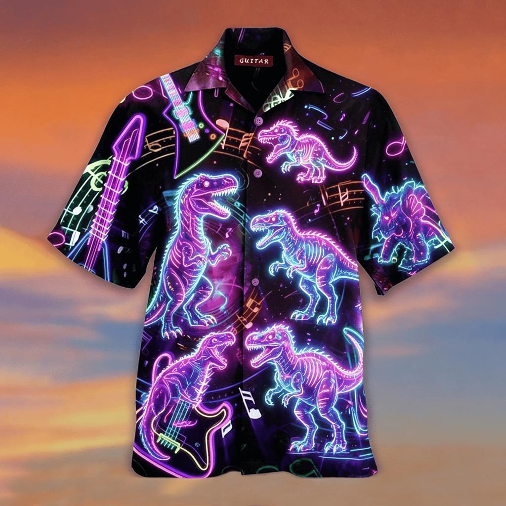 Pánská neónová havajská košile s krátkým rukávem a potiskem medúzy a kytary, psychedelický hudební havajský košile na knoflíky pro jaro a léto