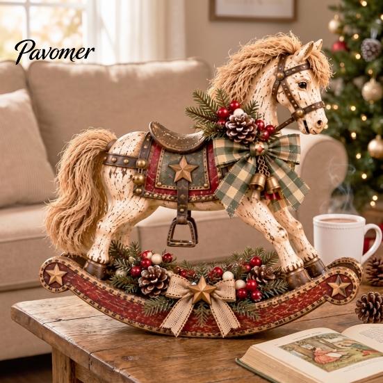 Small Statues for Holiday Displays Retro Christmas Rocking Horse Ornament with Pine Cones Berries Tabletop Collectible Table Decor Decoration, Vintage