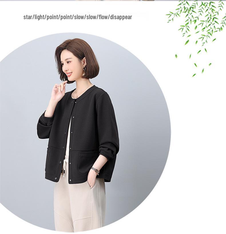 Women's Spring-Autumn 2025 Fashionable Age-Defying Round Neck Cardigan - Thin, Stylish Sweatshirt for Middle-Aged Moms