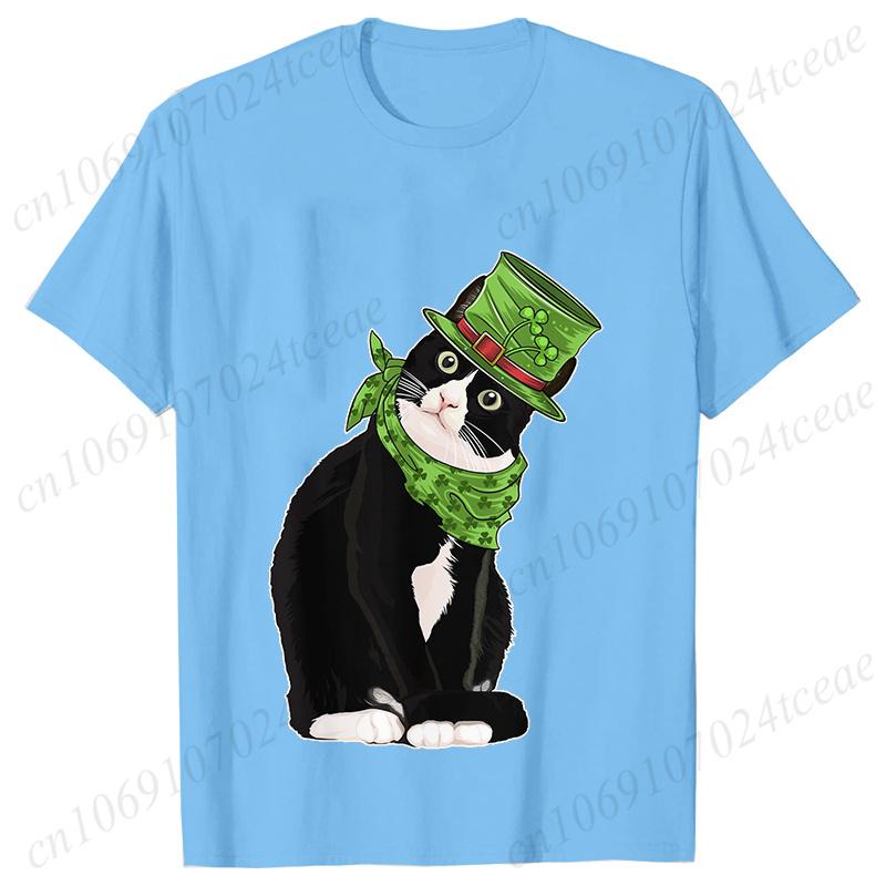 St Patricks Day Print Tshirt Unisex Summer Short Sleeve Tshirts Cut Black Cat with Leprechaun Hat Funny Irish Fashion Tee Tops