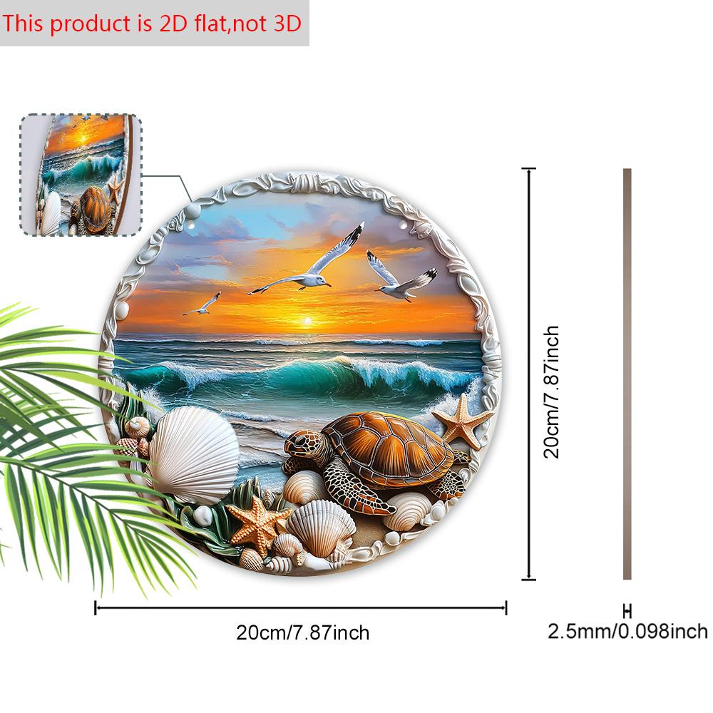 Wooden Sign with Sunshine Beach Turtle Pattern - Unique Seaside Scenery Round Sign for Front Door, Wall Decor - Ideal Home Hanging Ornament