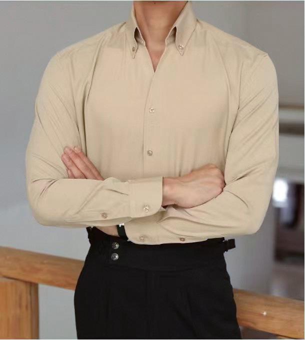 Men's Slim Fit White Long Sleeve French Shirt - Iron-Free, Large Collar, Business Formal