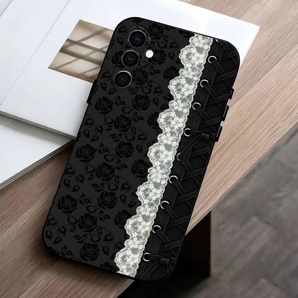 Elegant Black Lace Print Design Phone Case For Samsung Galaxy A73,A72,A71,A70,A53,A52,A51,Others Soft Black Cover