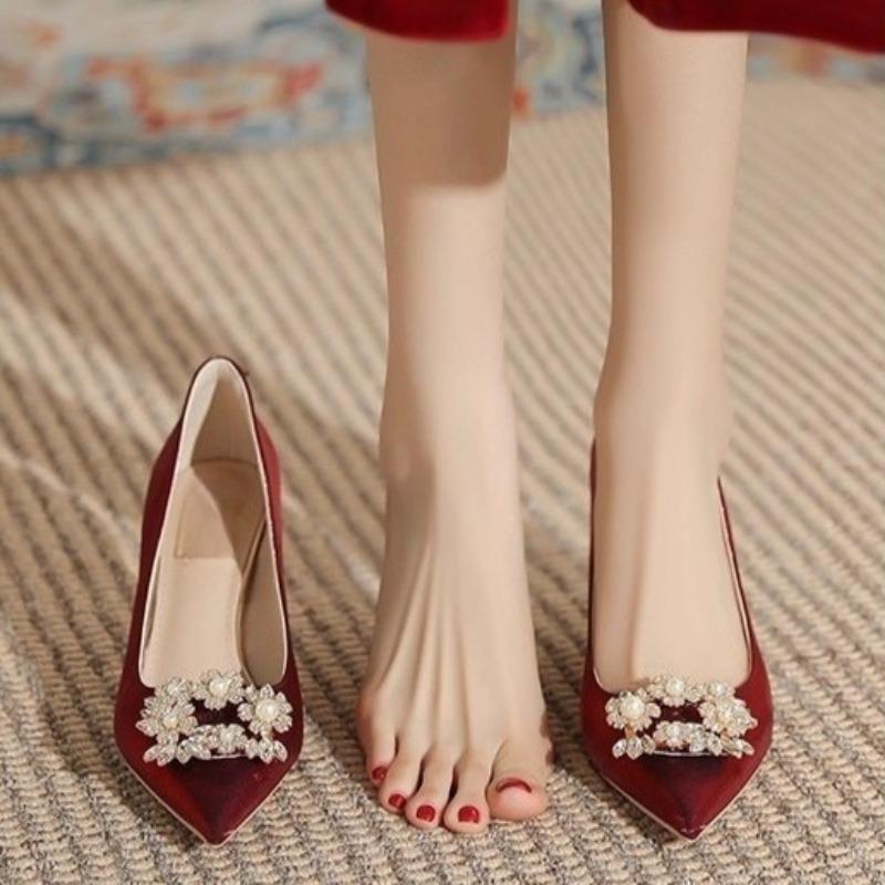 Rhinestone High Heel Wedding Shoes Women Fall Winter 2026 Satin Dress Square Button Single Shoes
