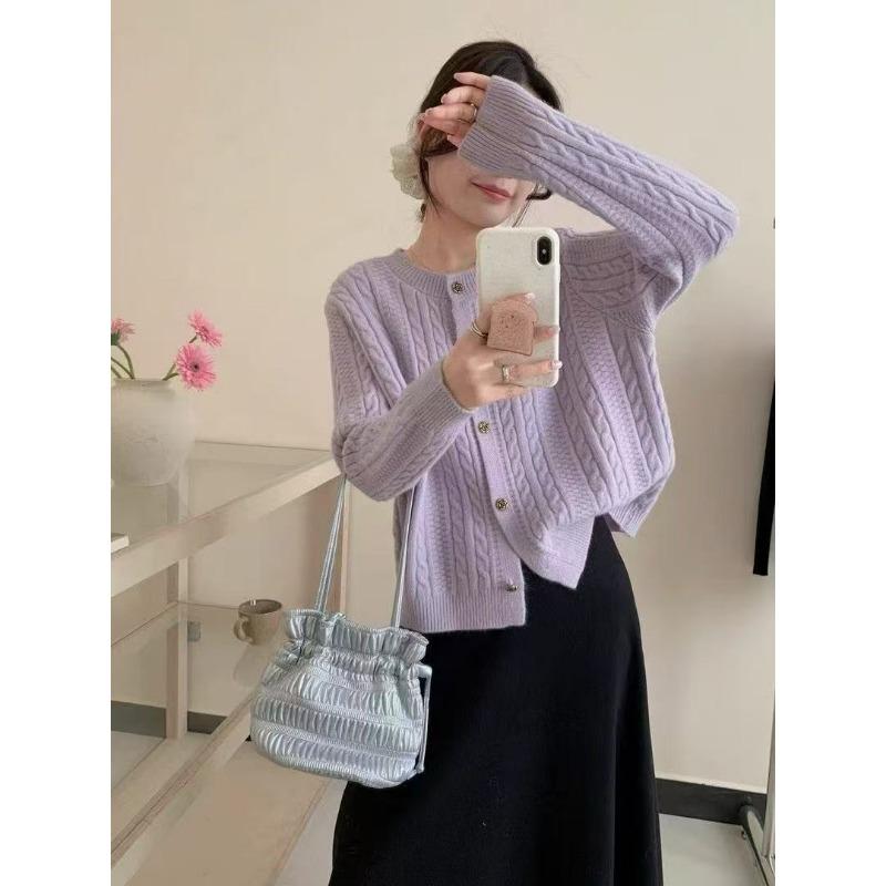 New twist texture woven round neck single-breasted simple long-sleeved loose-knit cardigan for women