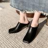 Modne Damskie Klapki Kwadratowy Nosek Skórzane Dziwne Średnio-obcasowe Wsuwane Buty Mule Eleganckie Damskie Pantuflas Mujer Czarne Rozmiar 35-42