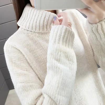 Women's Sweater Autumn Winter Chenille Turtleneck Loose Elastic Thick Knitted Sweaters Solid Female Warm Base Shirt