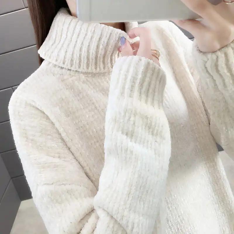 Autumn Winter Chenille Turtleneck Sweater Women's  Loose Elastic Thick Knitted Sweaters Solid Female Warm Base Shirt