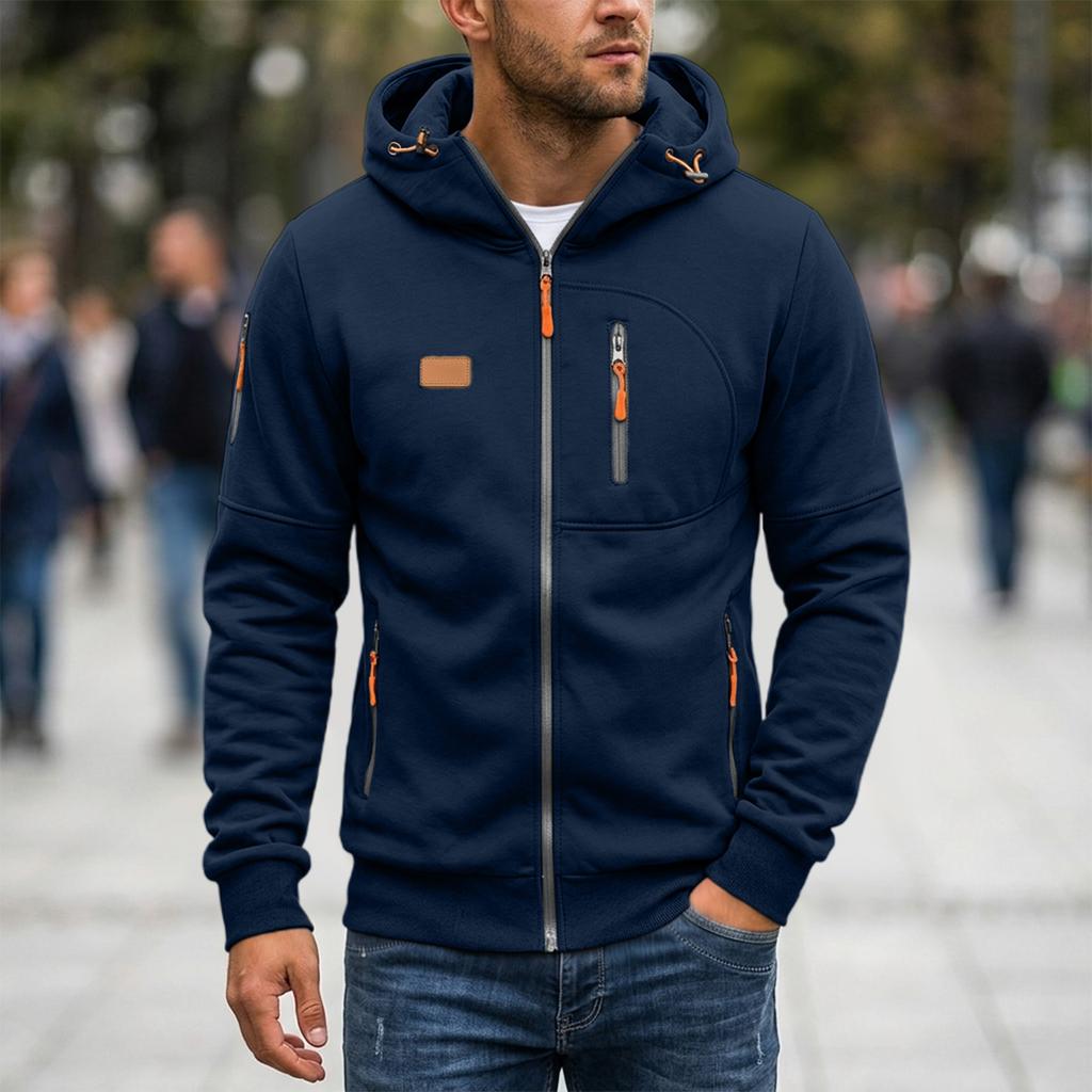 Men's Zip-Up Hoodie with Multiple Pockets, Casual Long Sleeve Sweatshirt