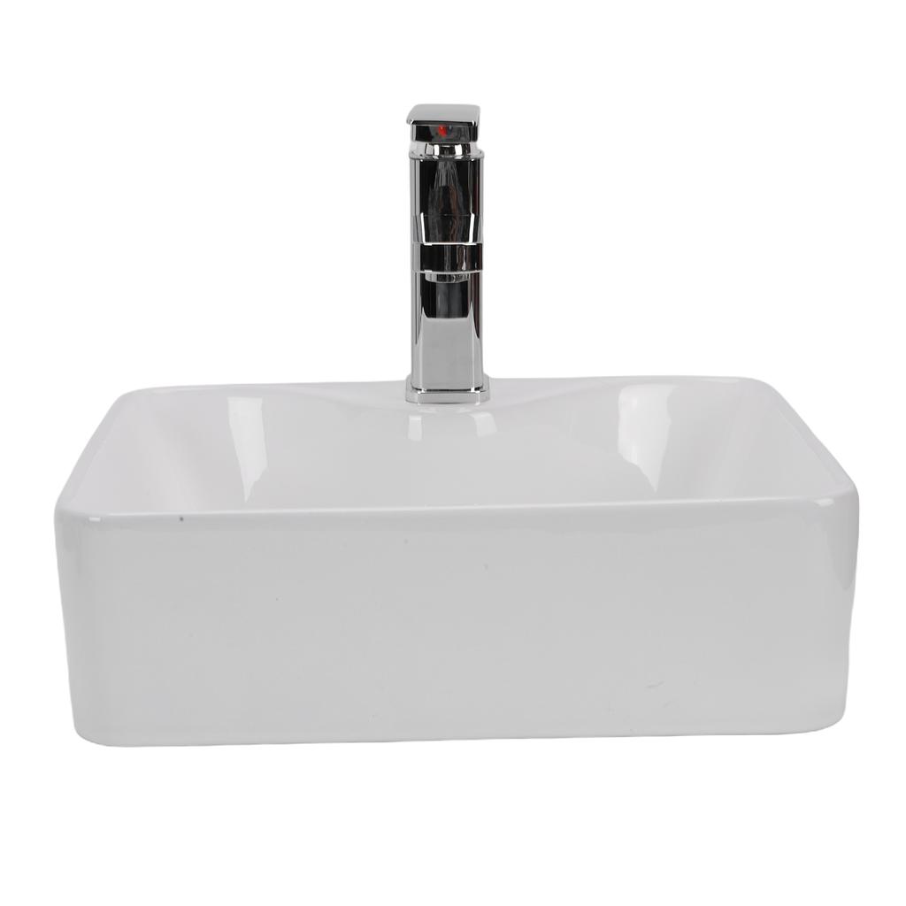 Ceramic Bathroom Sink Modern Rectangular Above Counter Vanity Basin with Faucet Drain Pipe for Home Hotel Glossy White