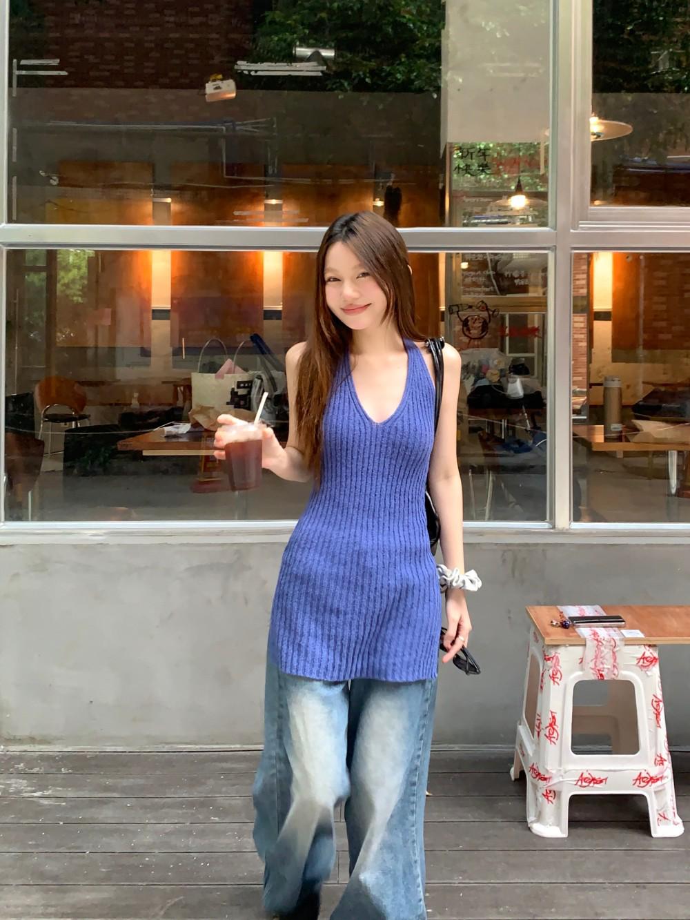 2026 Spring/Summer Backless Halter Knit Top - Slimming & Versatile Korean Style for Women One Size